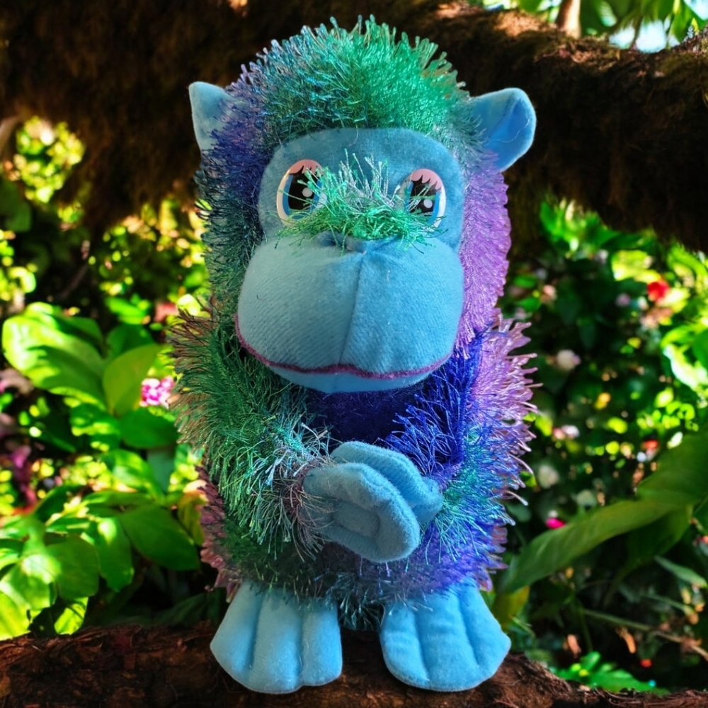 Vtg 04 FOURSTAR PALS Plush Monkey Purple Green Stuffed Animal Toy Hook/Loop Hand